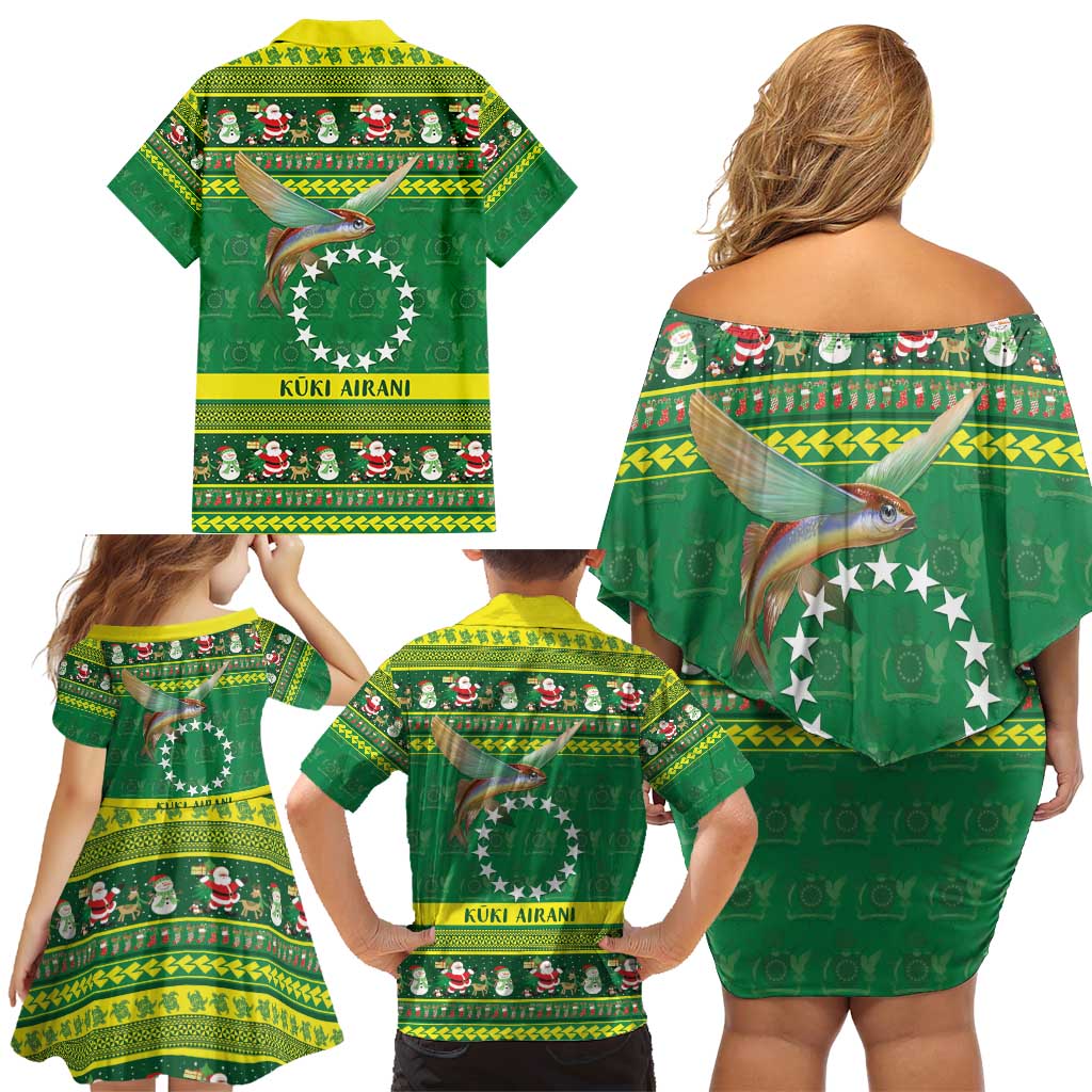 Meri Kiritimiti Cook Islands Christmas Family Matching Off Shoulder Short Dress and Hawaiian Shirt Maroro Flying Fish and White Stars LT9 - Polynesian Pride
