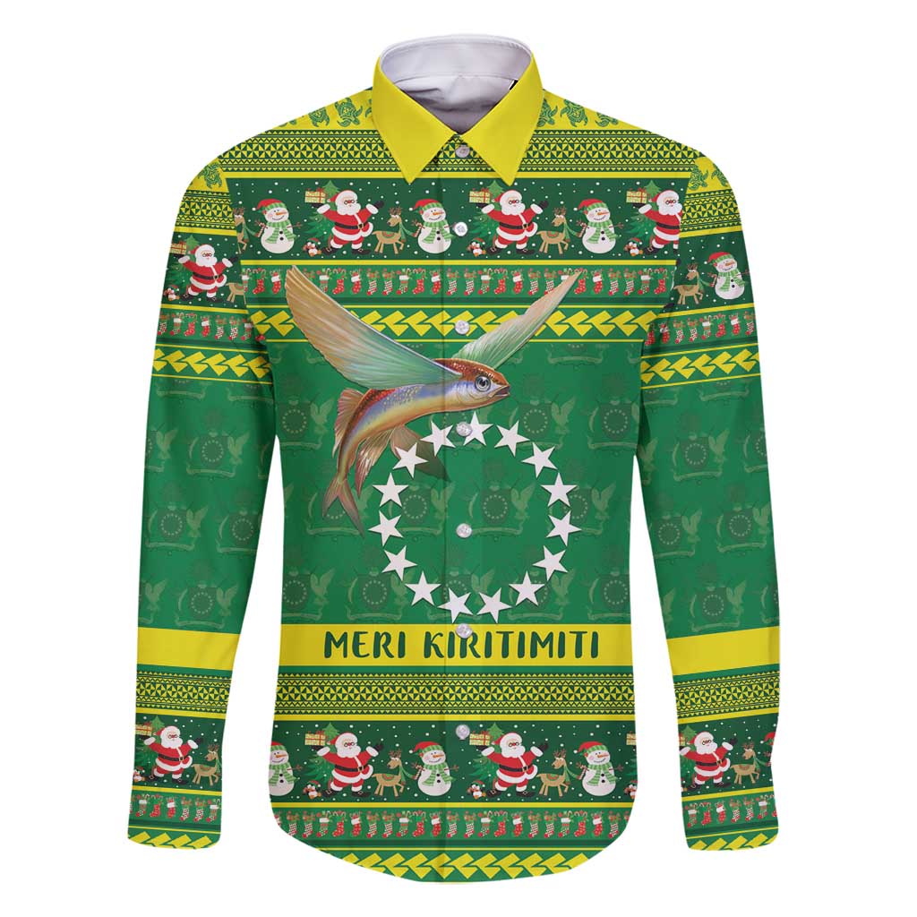 Meri Kiritimiti Cook Islands Christmas Family Matching Off Shoulder Short Dress and Hawaiian Shirt Maroro Flying Fish and White Stars LT9 Dad's Shirt - Long Sleeve Green - Polynesian Pride