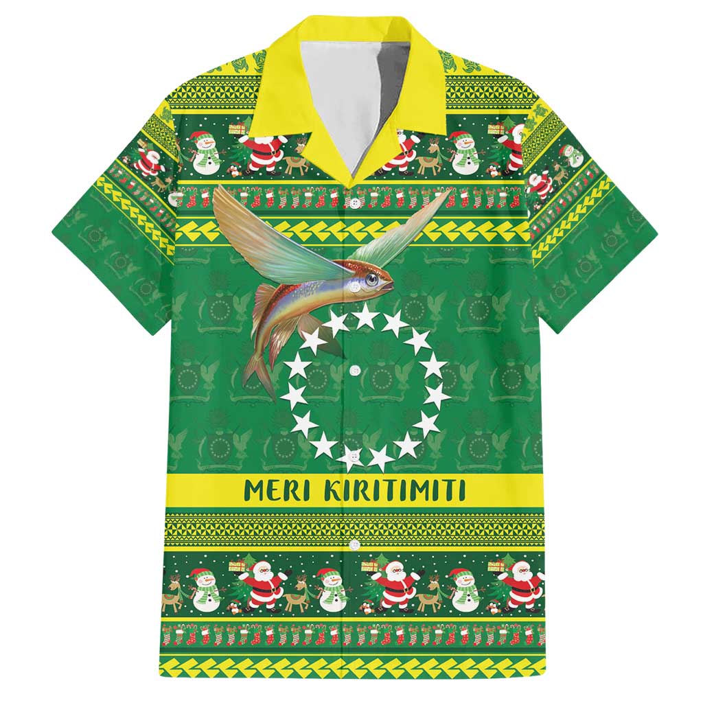 Meri Kiritimiti Cook Islands Christmas Hawaiian Shirt Maroro Flying Fish and White Stars LT9 Green - Polynesian Pride