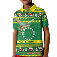 Meri Kiritimiti Cook Islands Christmas Kid Polo Shirt Maroro Flying Fish and White Stars LT9 Kid Green - Polynesian Pride