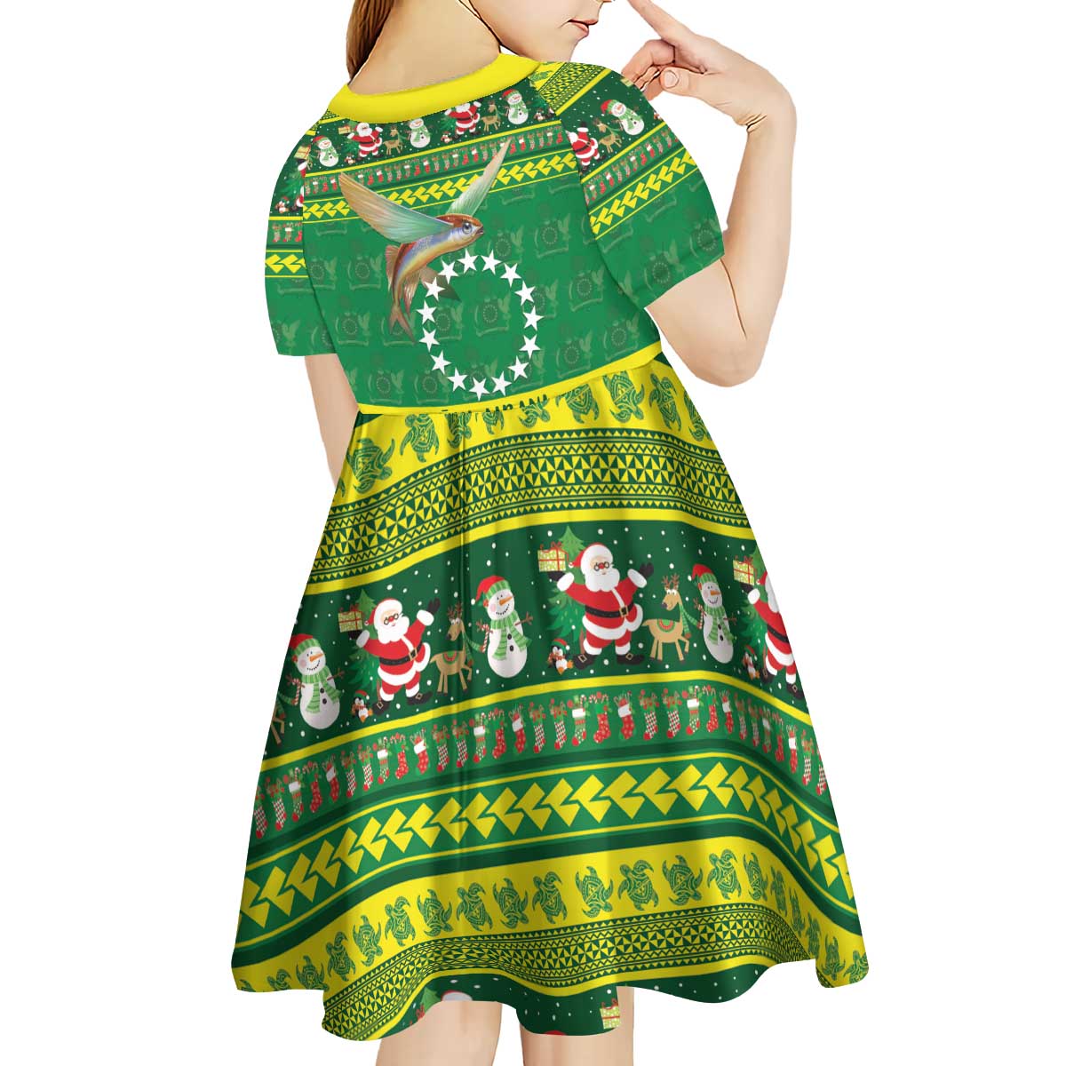 Meri Kiritimiti Cook Islands Christmas Kid Short Sleeve Dress Maroro Flying Fish and White Stars LT9 - Polynesian Pride