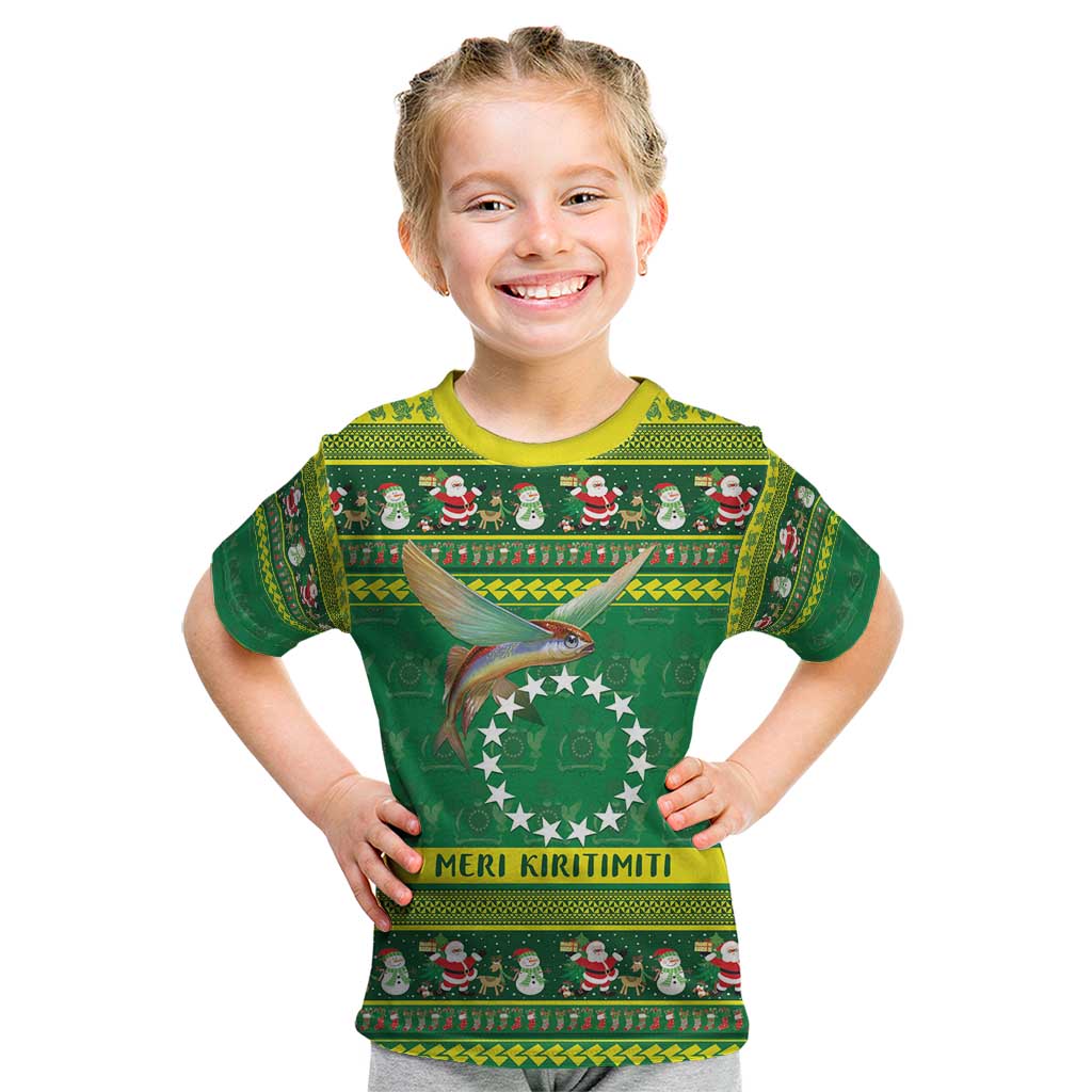 Meri Kiritimiti Cook Islands Christmas Kid T Shirt Maroro Flying Fish and White Stars LT9 Green - Polynesian Pride
