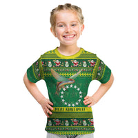 Meri Kiritimiti Cook Islands Christmas Kid T Shirt Maroro Flying Fish and White Stars LT9 Green - Polynesian Pride