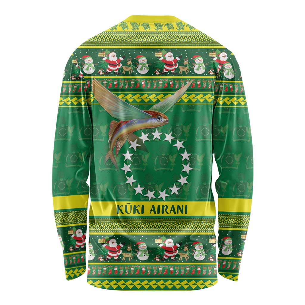 Meri Kiritimiti Cook Islands Christmas Long Sleeve Shirt Maroro Flying Fish and White Stars