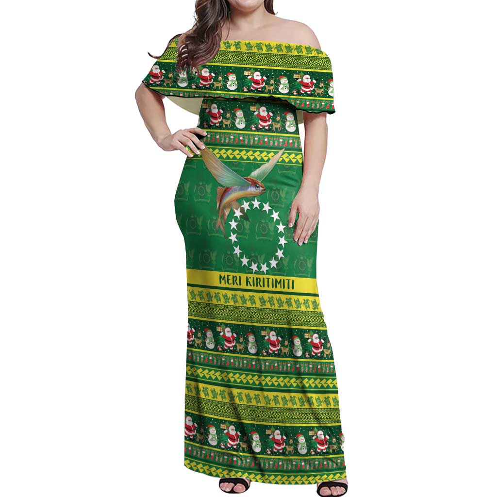 Meri Kiritimiti Cook Islands Christmas Off Shoulder Maxi Dress Maroro Flying Fish and White Stars LT9 Women Green - Polynesian Pride