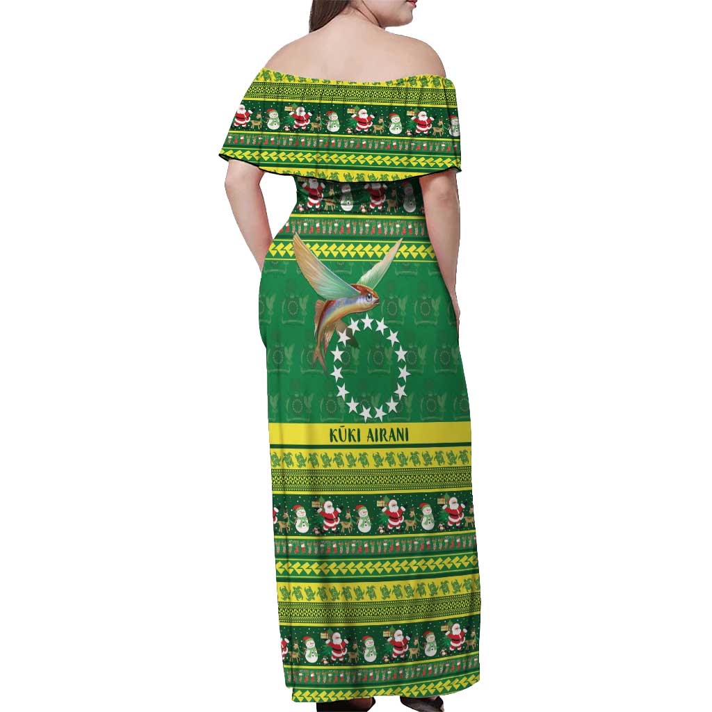 Meri Kiritimiti Cook Islands Christmas Off Shoulder Maxi Dress Maroro Flying Fish and White Stars LT9 - Polynesian Pride