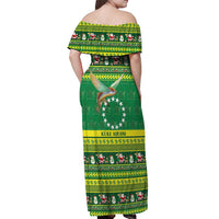Meri Kiritimiti Cook Islands Christmas Off Shoulder Maxi Dress Maroro Flying Fish and White Stars LT9 - Polynesian Pride