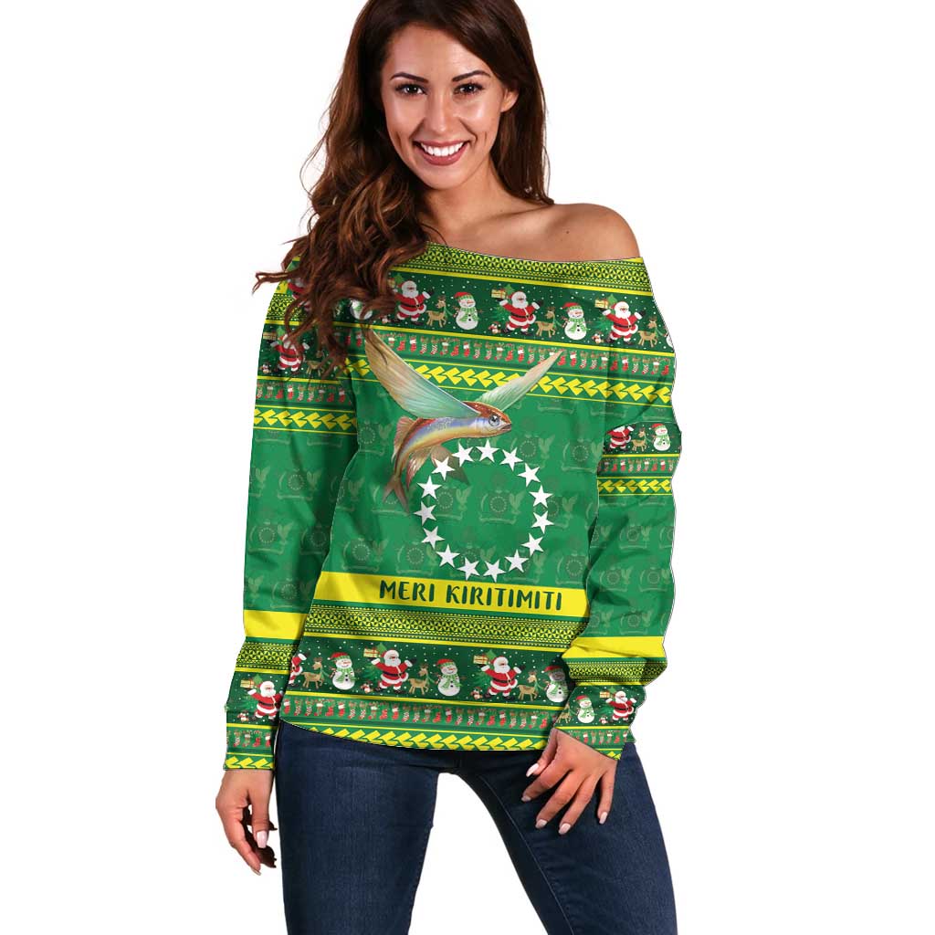 Meri Kiritimiti Cook Islands Christmas Off Shoulder Sweater Maroro Flying Fish and White Stars