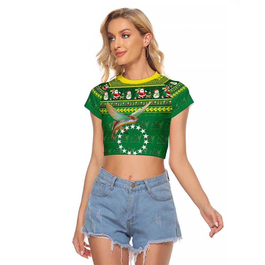 Meri Kiritimiti Cook Islands Christmas Raglan Cropped T Shirt Maroro Flying Fish and White Stars