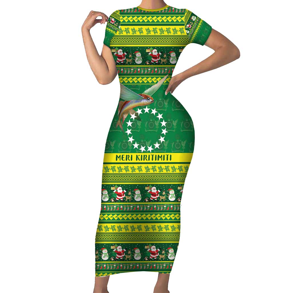 Meri Kiritimiti Cook Islands Christmas Short Sleeve Bodycon Dress Maroro Flying Fish and White Stars