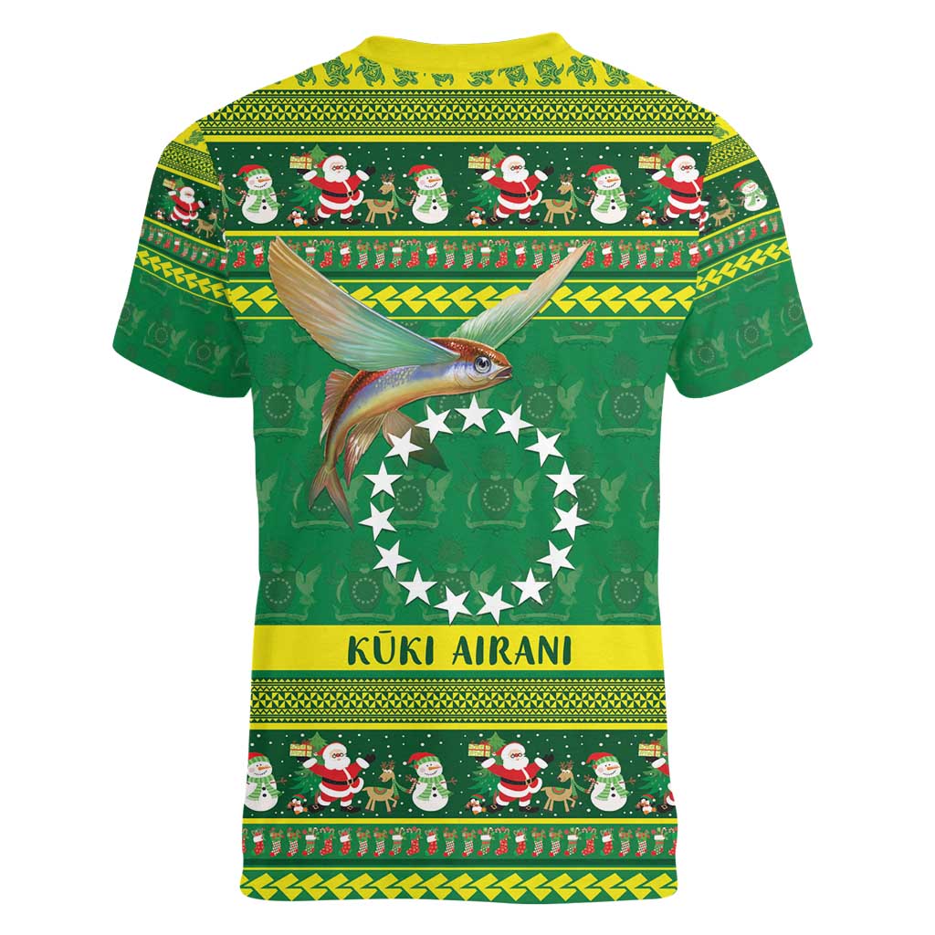 Meri Kiritimiti Cook Islands Christmas Women V-Neck T-Shirt Maroro Flying Fish and White Stars
