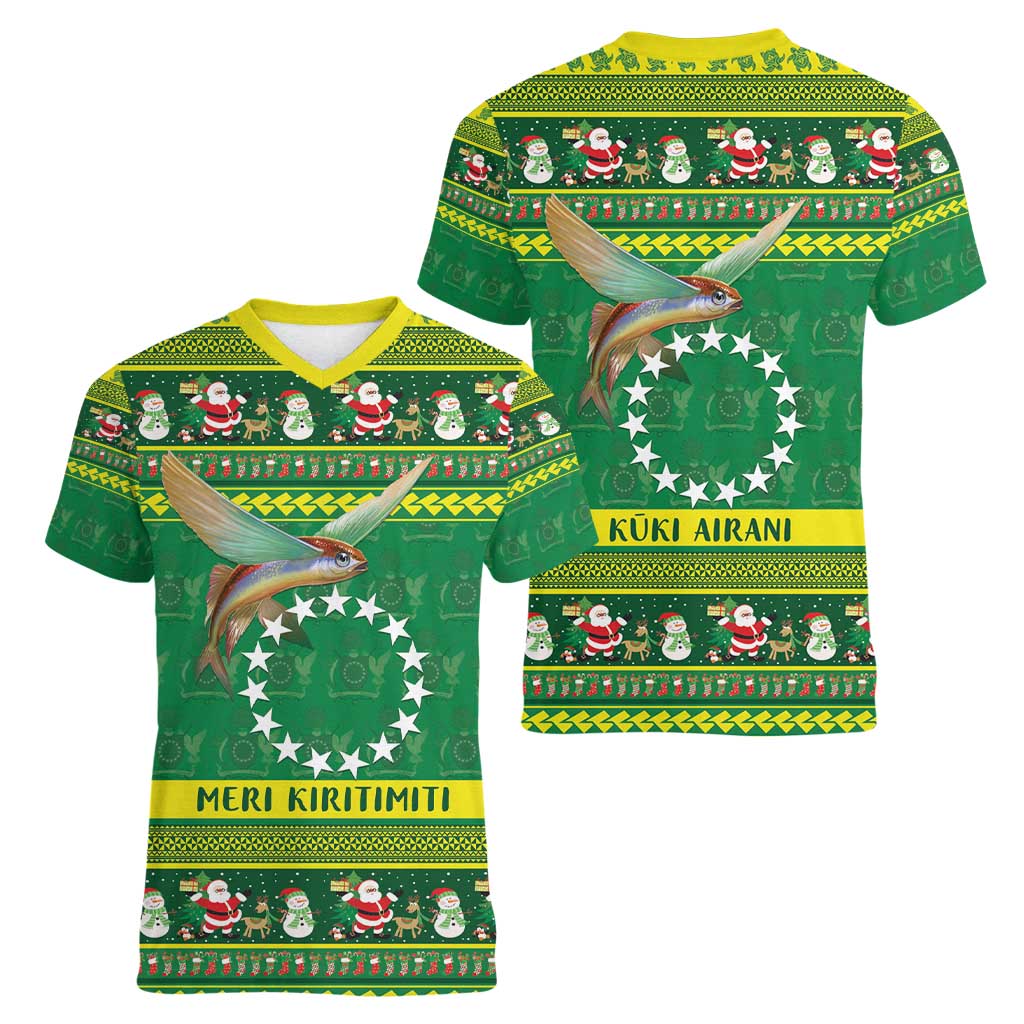 Meri Kiritimiti Cook Islands Christmas Women V-Neck T-Shirt Maroro Flying Fish and White Stars
