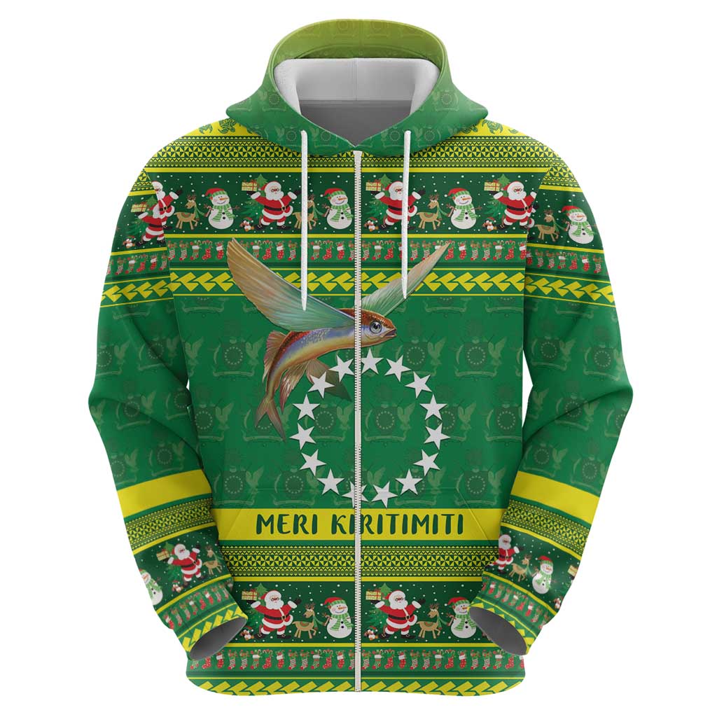Meri Kiritimiti Cook Islands Christmas Zip Hoodie Maroro Flying Fish and White Stars