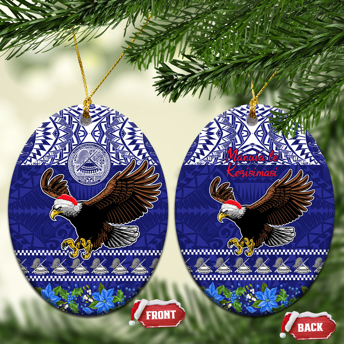 American Samoa Christmas Ceramic Ornament Manuia le Kerisimasi Polynesian Tribal LT9 Oval Blue - Polynesian Pride