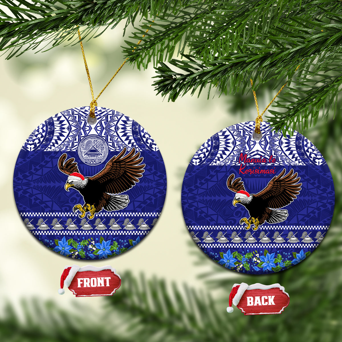 American Samoa Christmas Ceramic Ornament Manuia le Kerisimasi Polynesian Tribal LT9 Circle Blue - Polynesian Pride