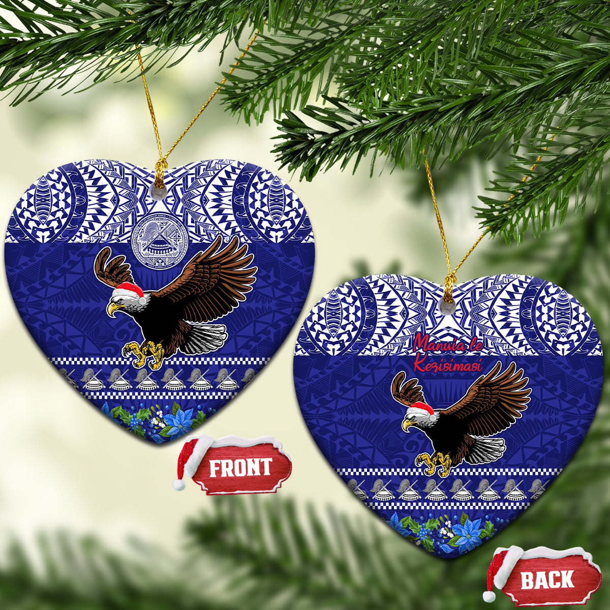 American Samoa Christmas Ceramic Ornament Manuia le Kerisimasi Polynesian Tribal LT9 Heart Blue - Polynesian Pride