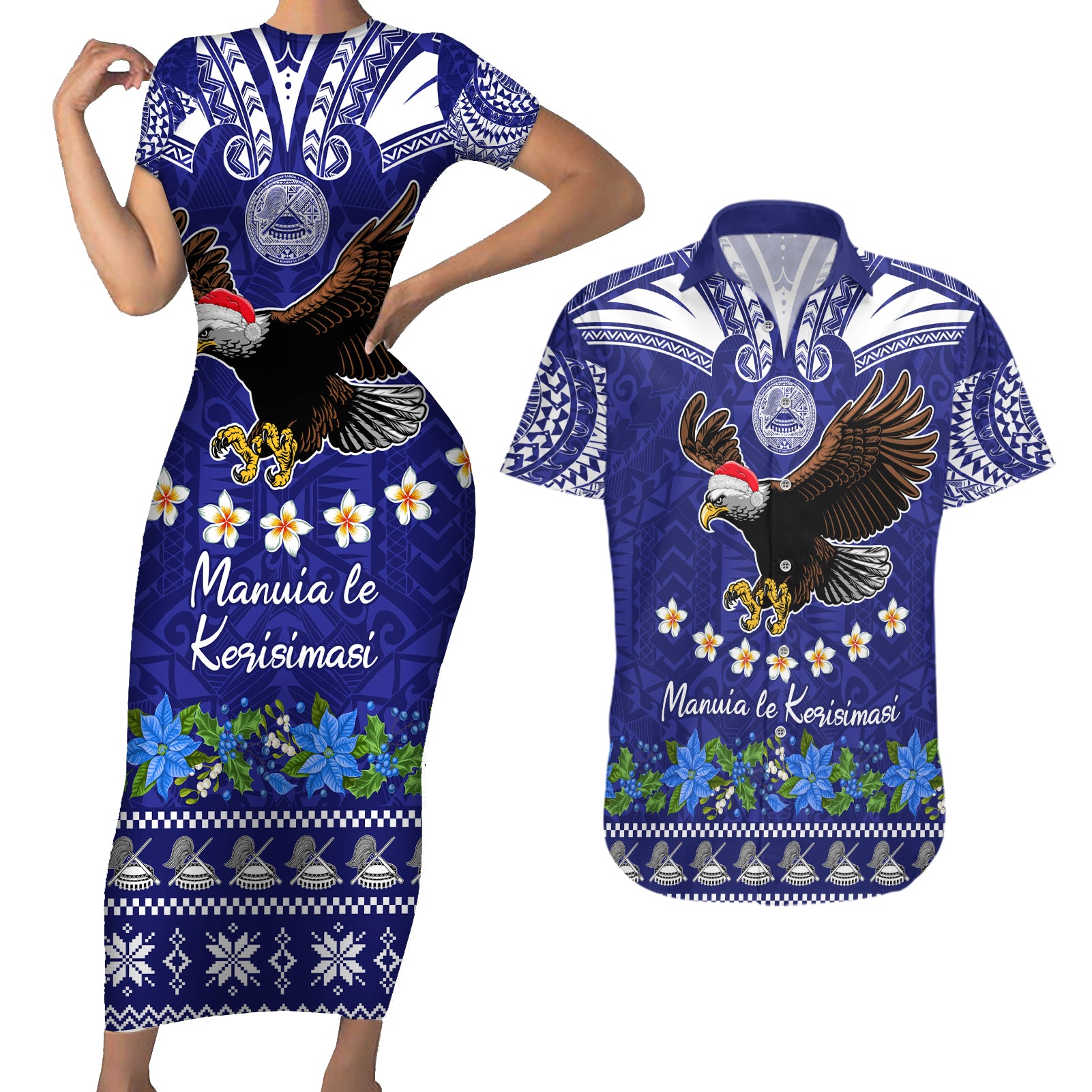 American Samoa Christmas Couples Matching Short Sleeve Bodycon Dress and Hawaiian Shirt Manuia le Kerisimasi Polynesian Tribal LT9 Blue - Polynesian Pride