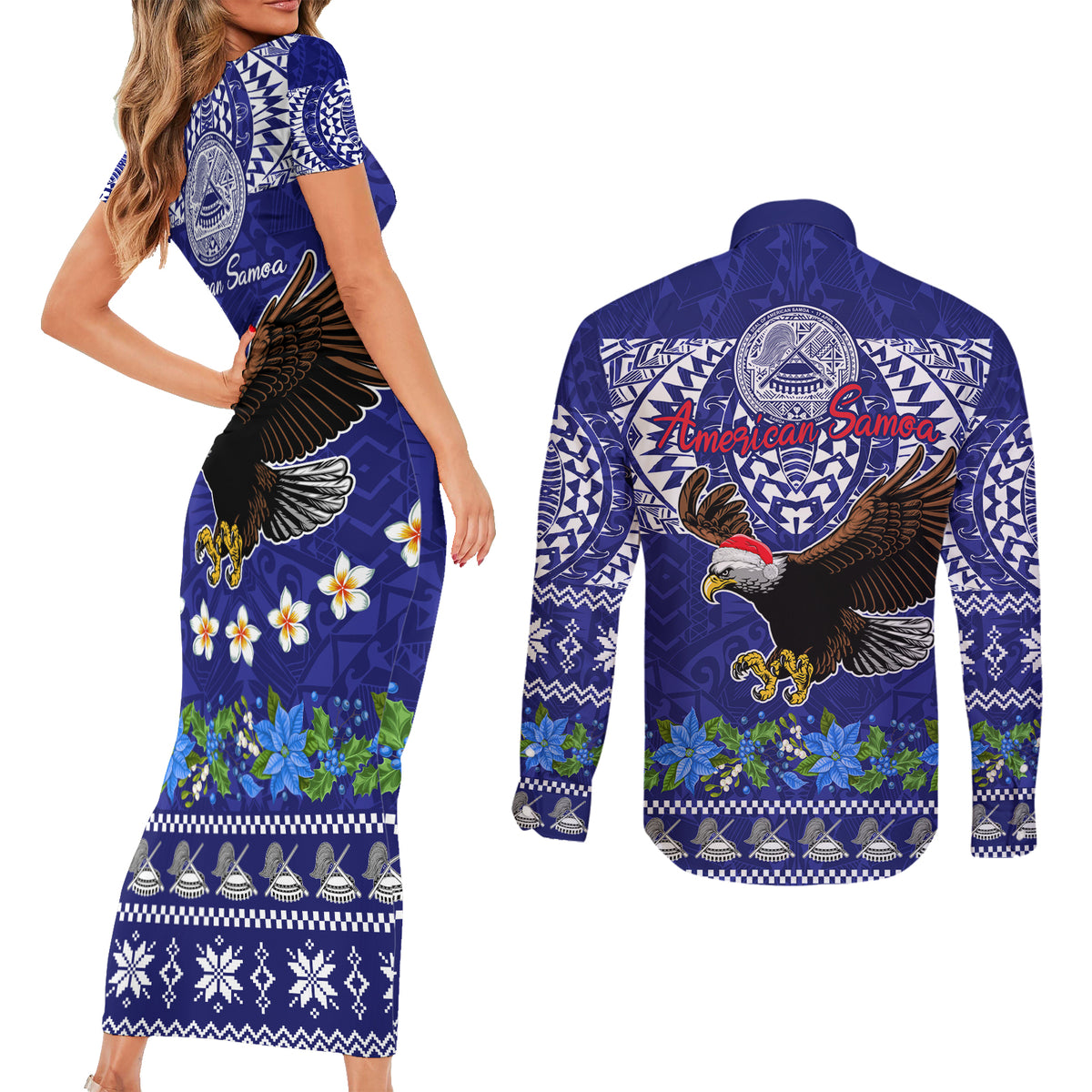 American Samoa Christmas Couples Matching Short Sleeve Bodycon Dress and Long Sleeve Button Shirt Manuia le Kerisimasi Polynesian Tribal LT9 - Polynesian Pride