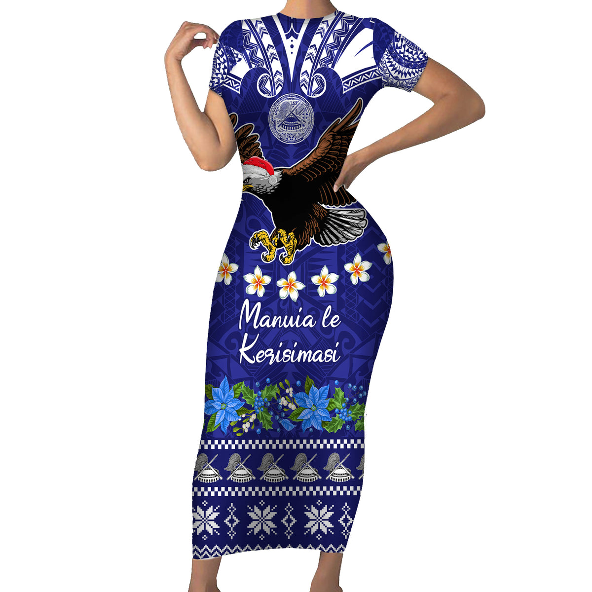 American Samoa Christmas Family Matching Short Sleeve Bodycon Dress and Hawaiian Shirt Manuia le Kerisimasi Polynesian Tribal LT9 Mom's Dress Blue - Polynesian Pride