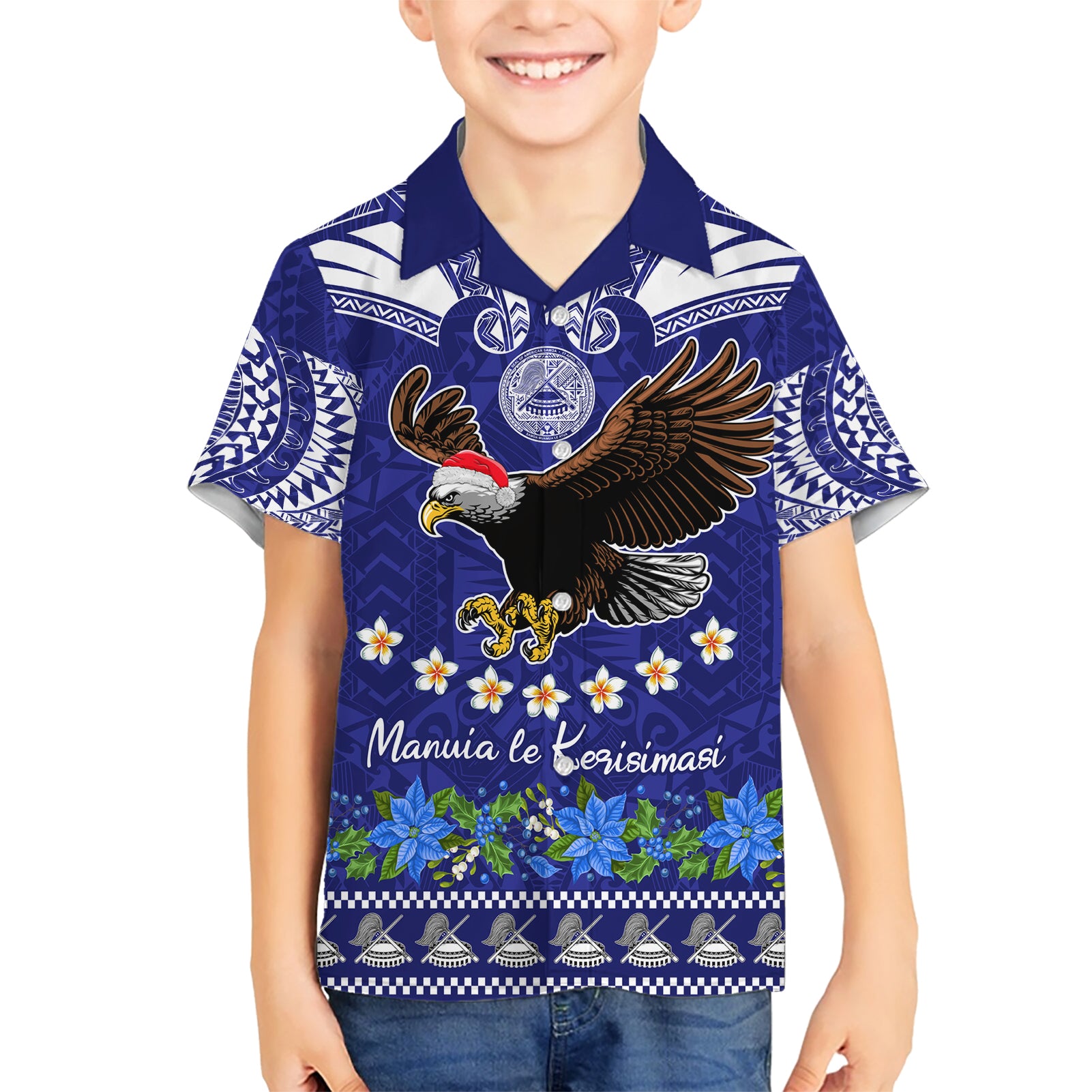 American Samoa Christmas Kid Hawaiian Shirt Manuia le Kerisimasi Polynesian Tribal LT9 Kid Blue - Polynesian Pride