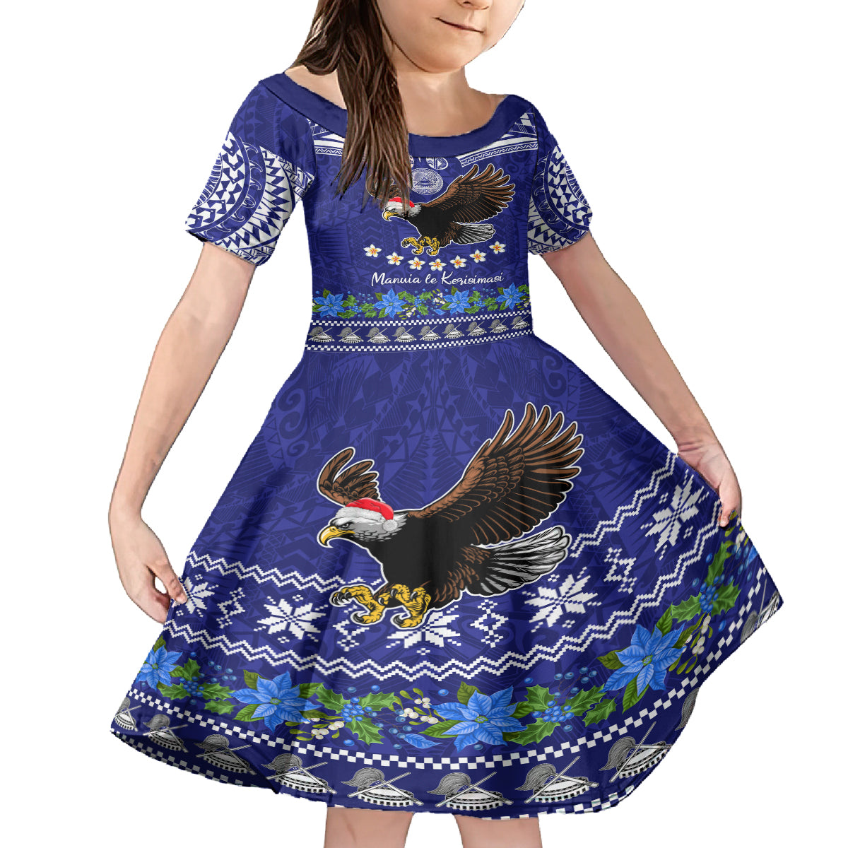 American Samoa Christmas Kid Short Sleeve Dress Manuia le Kerisimasi Polynesian Tribal LT9 KID Blue - Polynesian Pride