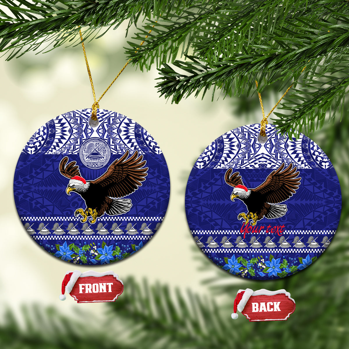 Personalised American Samoa Christmas Ceramic Ornament Manuia le Kerisimasi Polynesian Tribal LT9 Circle Blue - Polynesian Pride