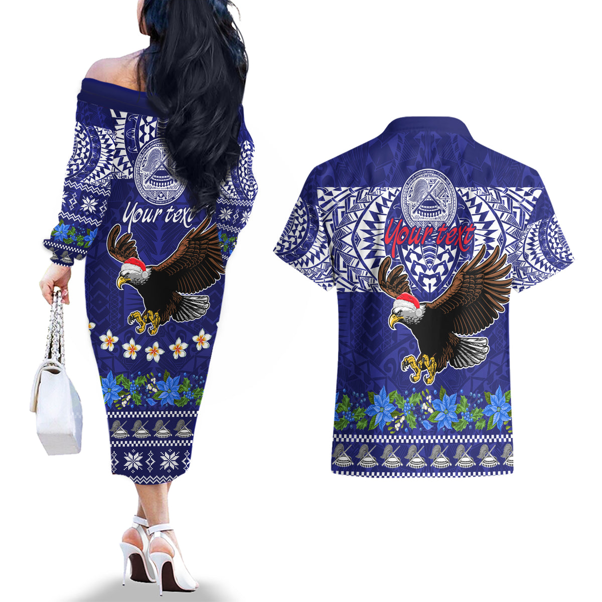 Personalised American Samoa Christmas Couples Matching Off The Shoulder Long Sleeve Dress and Hawaiian Shirt Manuia le Kerisimasi Polynesian Tribal LT9 - Polynesian Pride