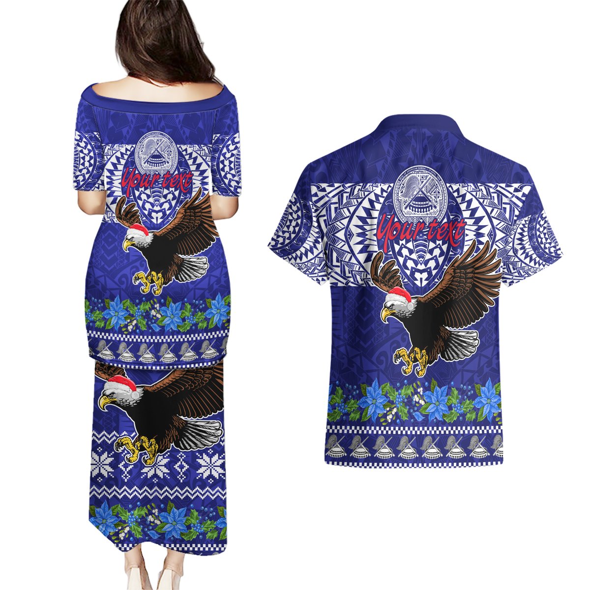 Personalised American Samoa Christmas Couples Matching Puletasi Dress and Hawaiian Shirt Manuia le Kerisimasi Polynesian Tribal LT9 - Polynesian Pride