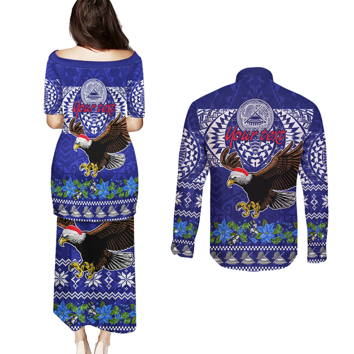 Personalised American Samoa Christmas Couples Matching Puletasi Dress and Long Sleeve Button Shirt Manuia le Kerisimasi Polynesian Tribal LT9 - Polynesian Pride