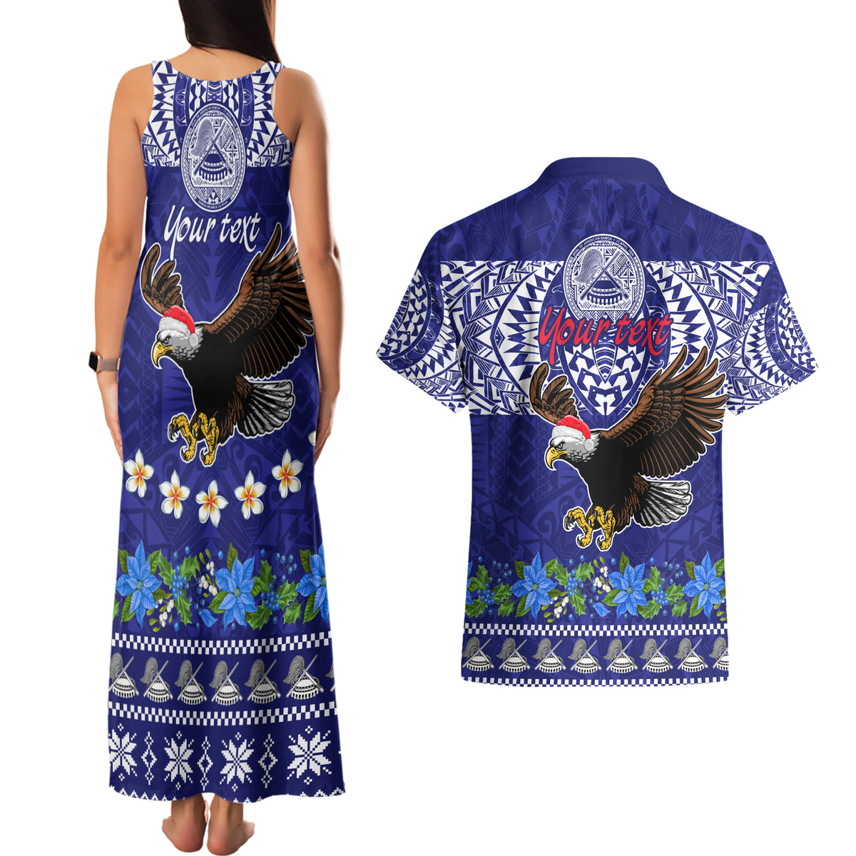 Personalised American Samoa Christmas Couples Matching Tank Maxi Dress and Hawaiian Shirt Manuia le Kerisimasi Polynesian Tribal LT9 - Polynesian Pride