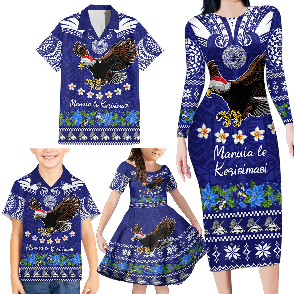 Personalised American Samoa Christmas Family Matching Long Sleeve Bodycon Dress and Hawaiian Shirt Manuia le Kerisimasi Polynesian Tribal LT9 - Polynesian Pride
