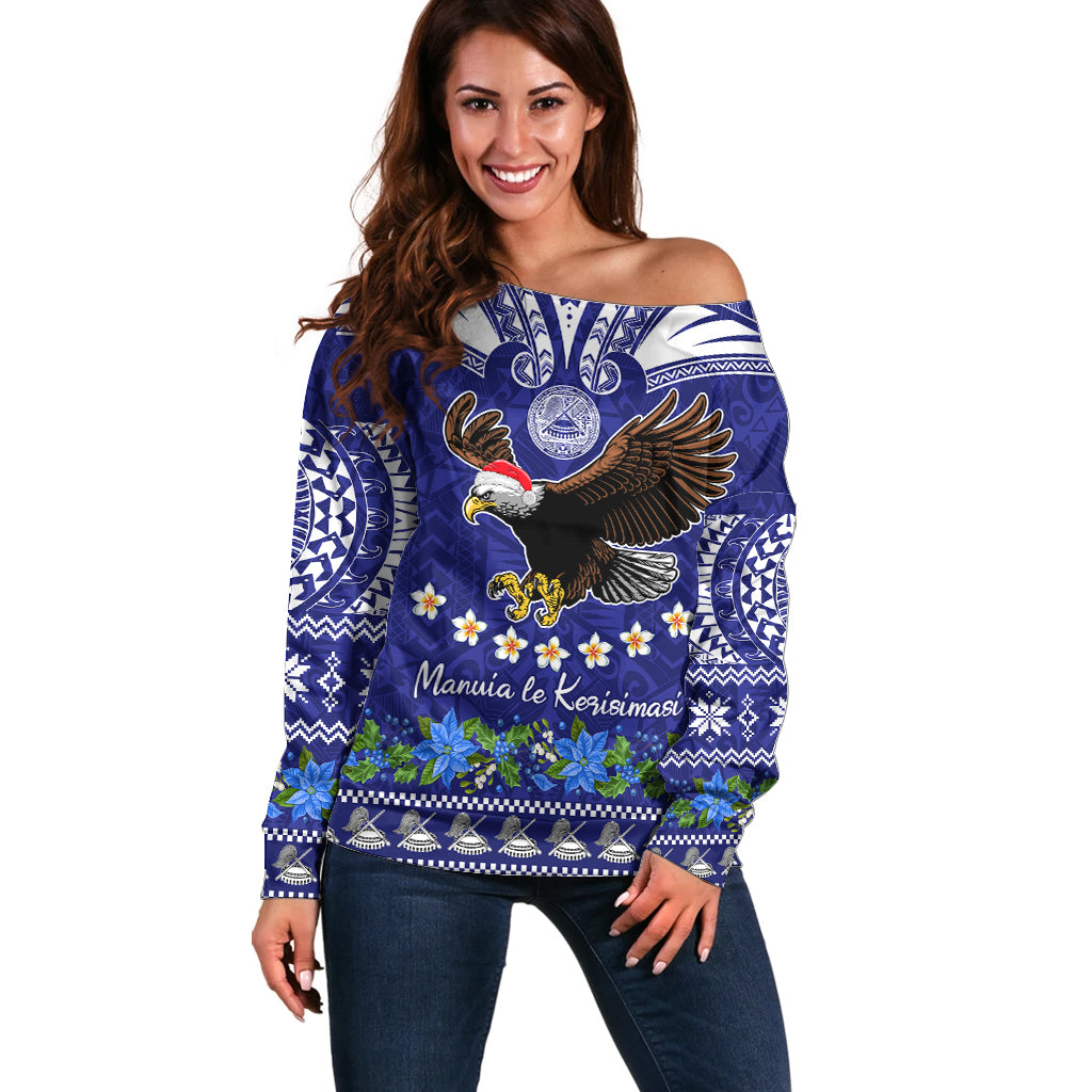 Personalised American Samoa Christmas Off Shoulder Sweater Manuia le Kerisimasi Polynesian Tribal LT9 Women Blue - Polynesian Pride