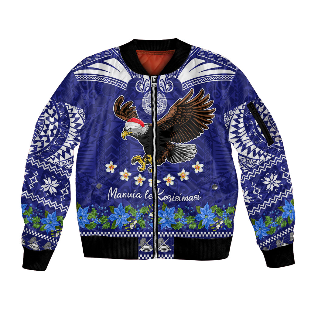 Personalised American Samoa Christmas Sleeve Zip Bomber Jacket Manuia le Kerisimasi Polynesian Tribal LT9 Unisex Blue - Polynesian Pride