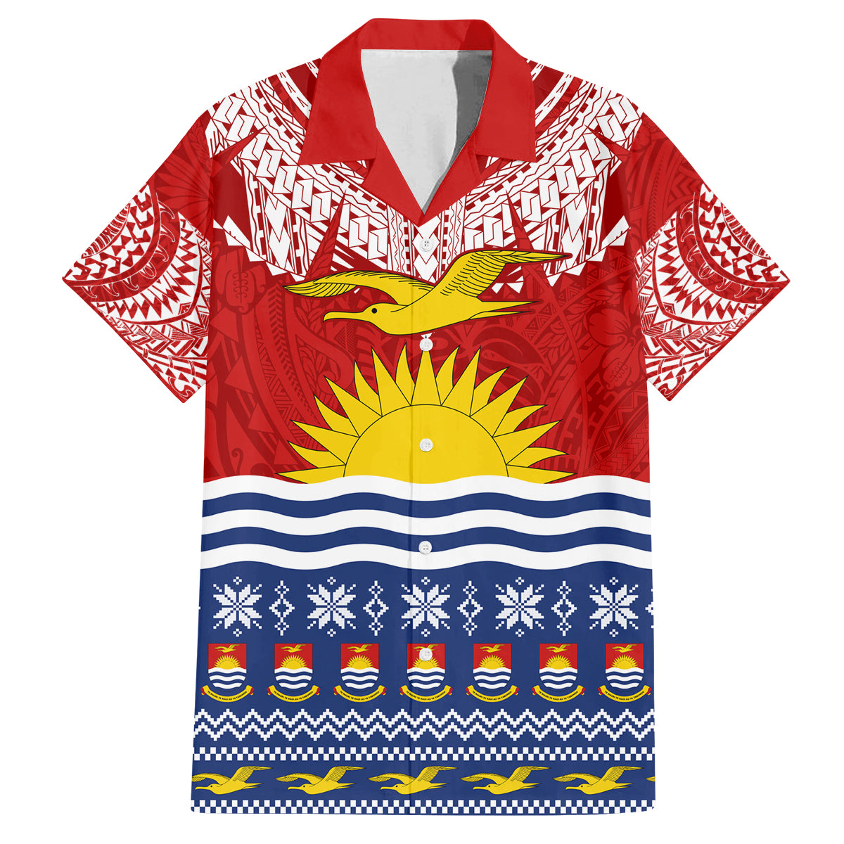 Kiribati Christmas Family Matching Off Shoulder Short Dress and Hawaiian Shirt Tekeraoi n Te Tiritimati Polynesian Tribal LT9 Dad's Shirt - Short Sleeve Red - Polynesian Pride