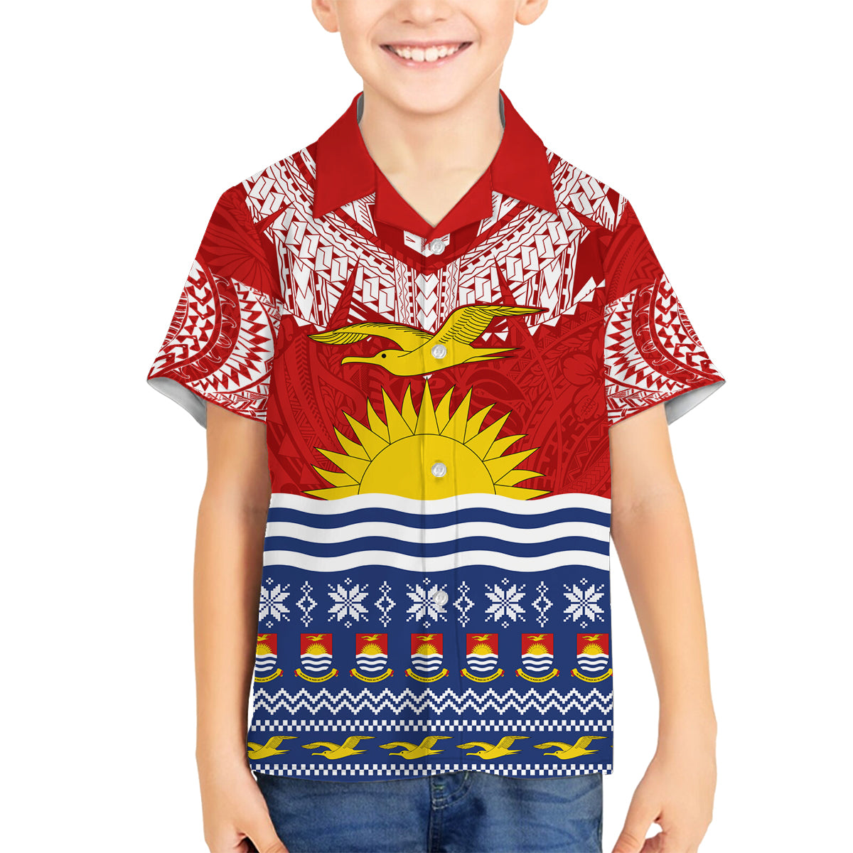 Personalised Kiribati Christmas Family Matching Off Shoulder Short Dress and Hawaiian Shirt Tekeraoi n Te Tiritimati Polynesian Tribal LT9 Son's Shirt Red - Polynesian Pride