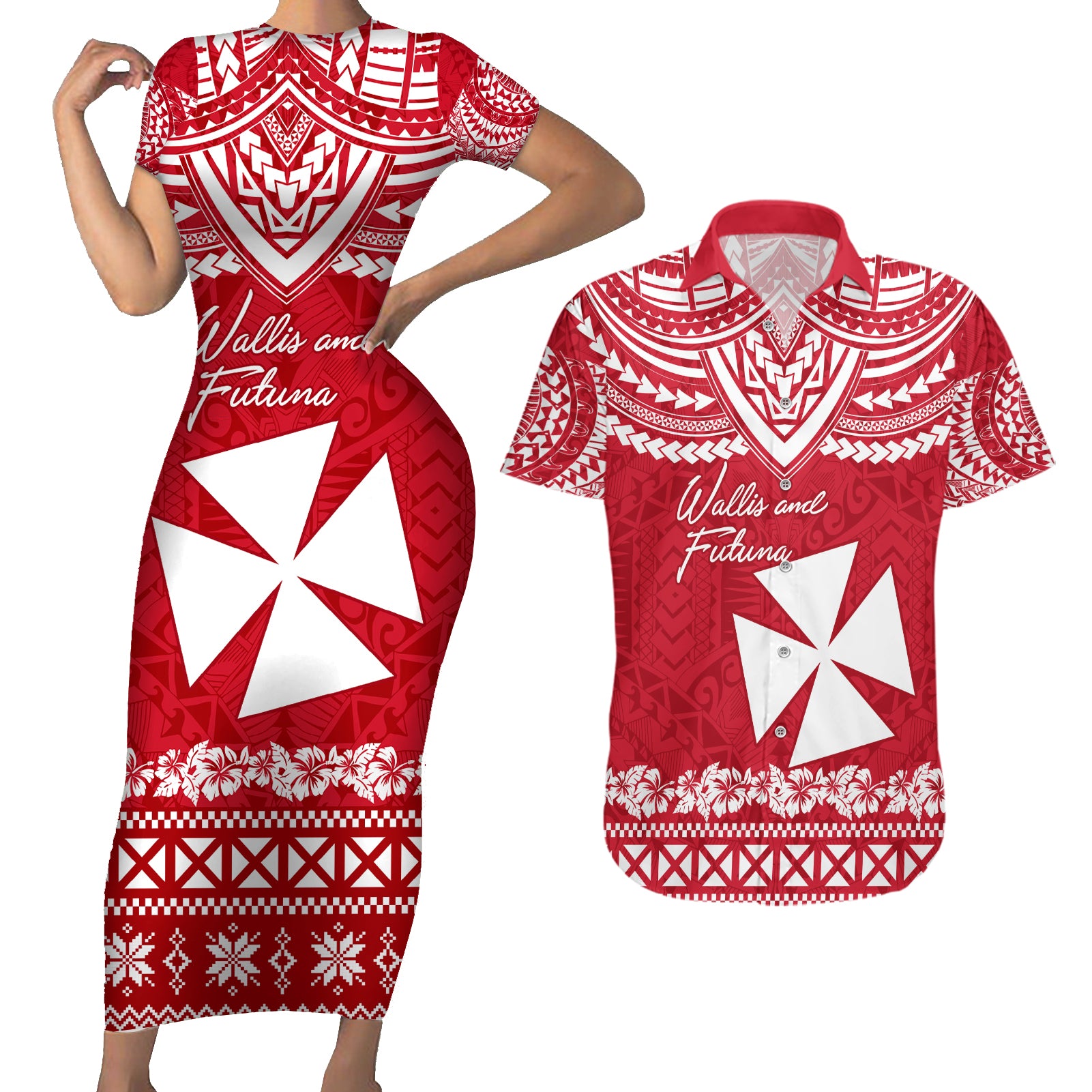 Personalised Wallis and Futuna Christmas Couples Matching Short Sleeve Bodycon Dress and Hawaiian Shirt Polynesian Tribal LT9 Red - Polynesian Pride