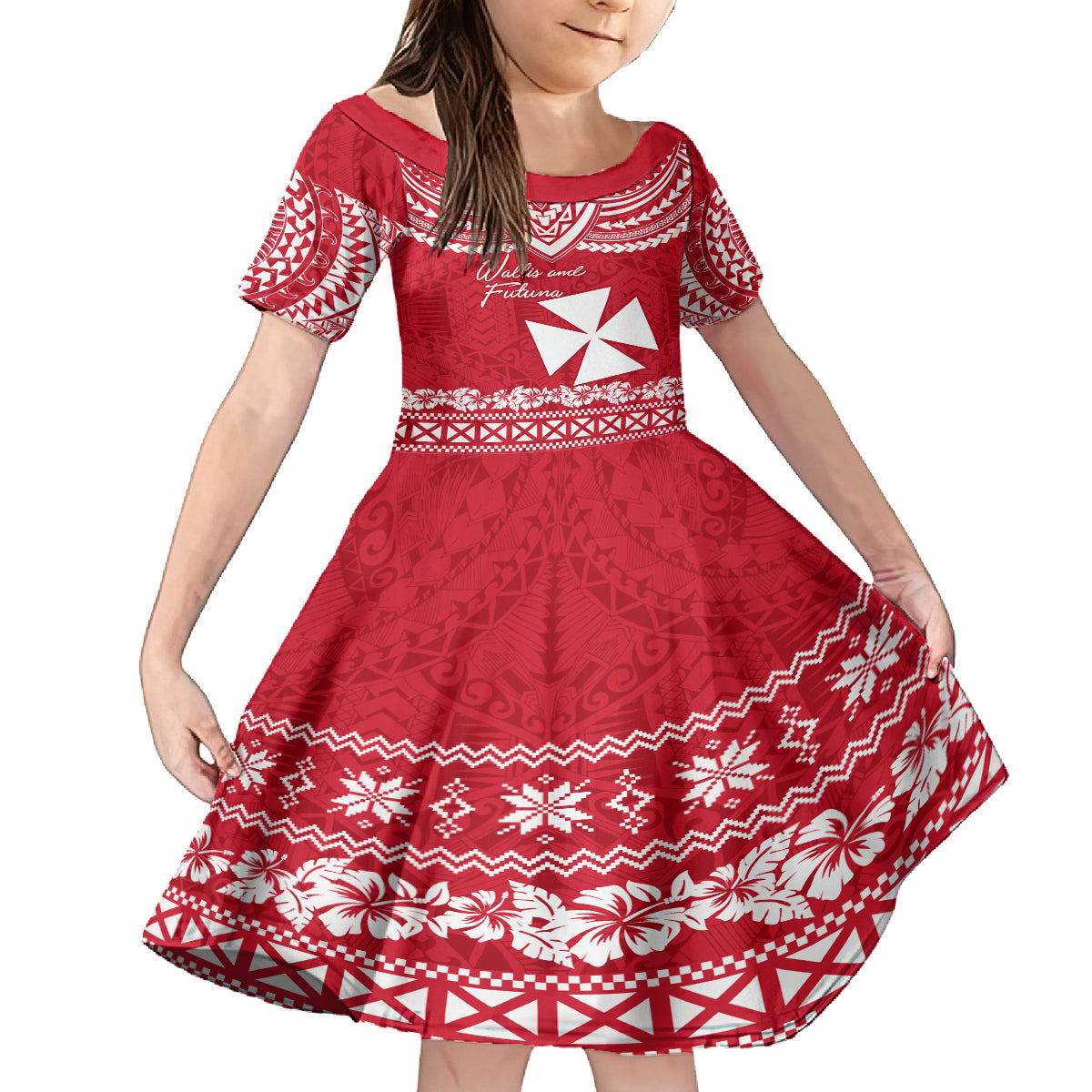 Personalised Wallis and Futuna Christmas Family Matching Off Shoulder Long Sleeve Dress and Hawaiian Shirt Polynesian Tribal LT9 Daughter's Dress Red - Polynesian Pride
