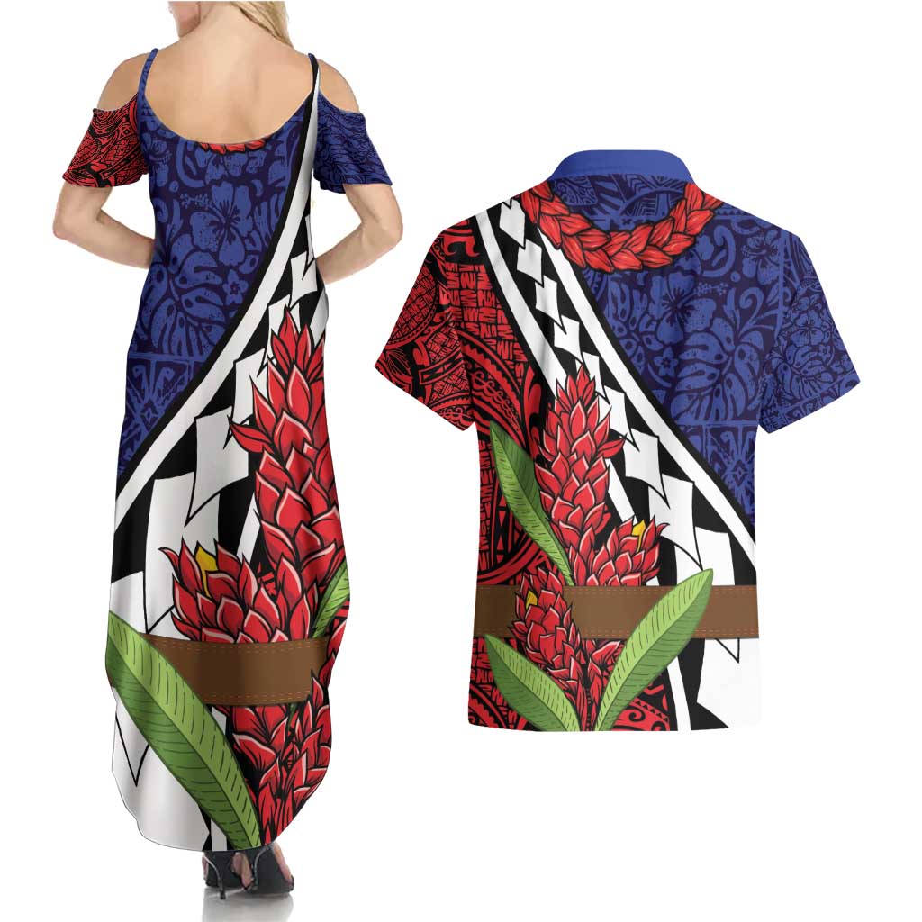 Samoan Ula Fala Flowers Couples Matching Summer Maxi Dress and Hawaiian Shirt Christmas Santa Belt