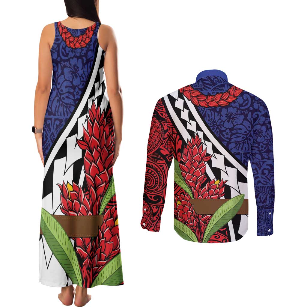 Samoan Ula Fala Flowers Couples Matching Tank Maxi Dress and Long Sleeve Button Shirt Christmas Santa Belt