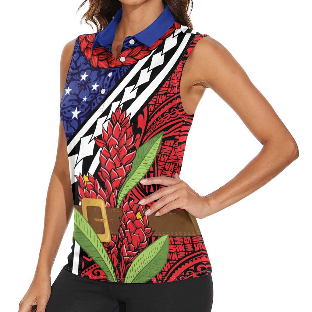 Samoan Ula Fala Flowers Women Sleeveless Polo Shirt Christmas Santa Belt