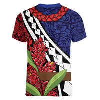 Samoan Ula Fala Flowers Women V-Neck T-Shirt Christmas Santa Belt