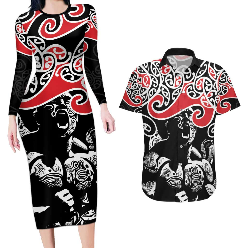 Aotearoa Toitu Te Tiriti Couples Matching Long Sleeve Bodycon Dress and Hawaiian Shirt New Zealand Stand Together Stand Stronger LT9 Black - Polynesian Pride