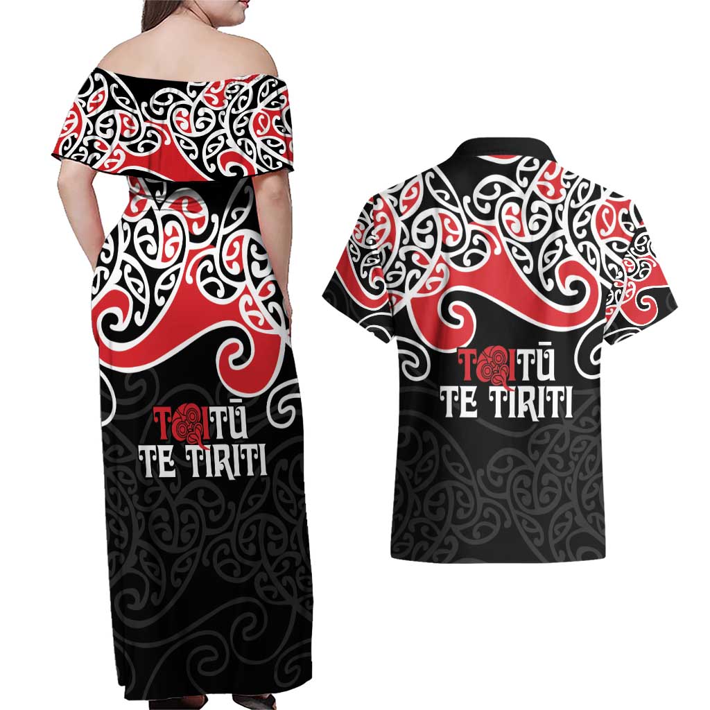 Aotearoa Toitu Te Tiriti Couples Matching Off Shoulder Maxi Dress and Hawaiian Shirt New Zealand Stand Together Stand Stronger LT9 - Polynesian Pride