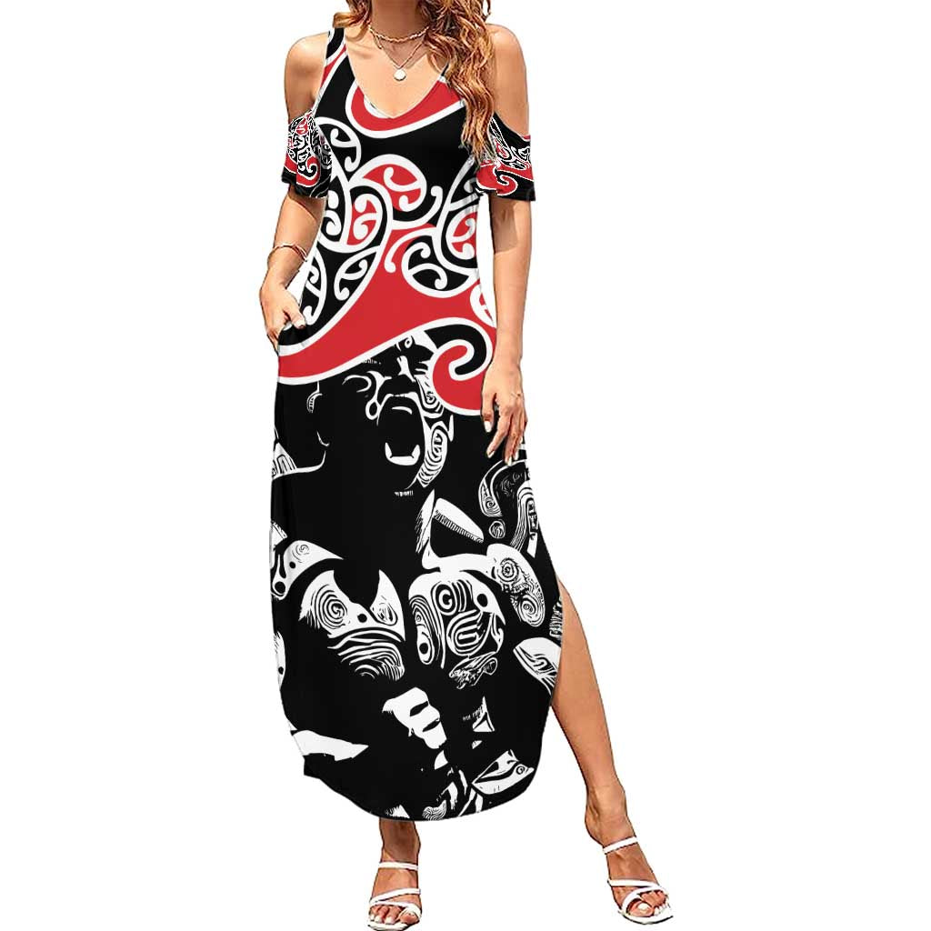 Aotearoa Toitu Te Tiriti Family Matching Summer Maxi Dress and Hawaiian Shirt New Zealand Stand Together Stand Stronger LT9 Mom's Dress Black - Polynesian Pride