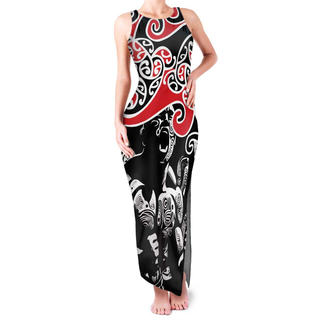 Aotearoa Toitu Te Tiriti Family Matching Tank Maxi Dress and Hawaiian Shirt New Zealand Stand Together Stand Stronger LT9 Mom's Dress Black - Polynesian Pride