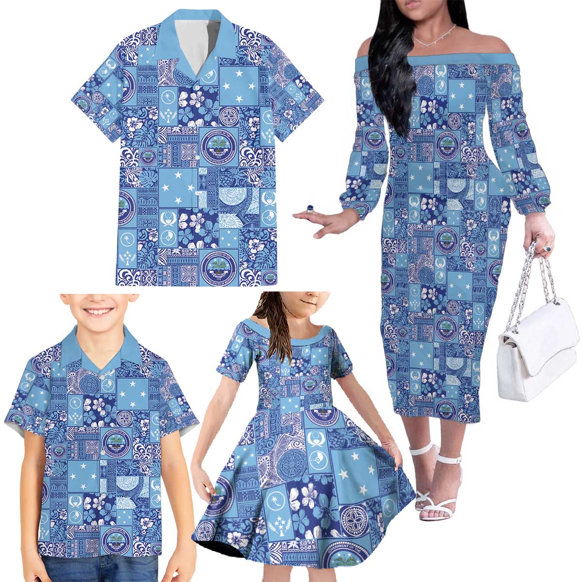 Federated States of Micronesia Merry Christmas Family Matching Off The Shoulder Long Sleeve Dress and Hawaiian Shirt Pacific Patchwork Xmas Vibes - Polynesian Pride