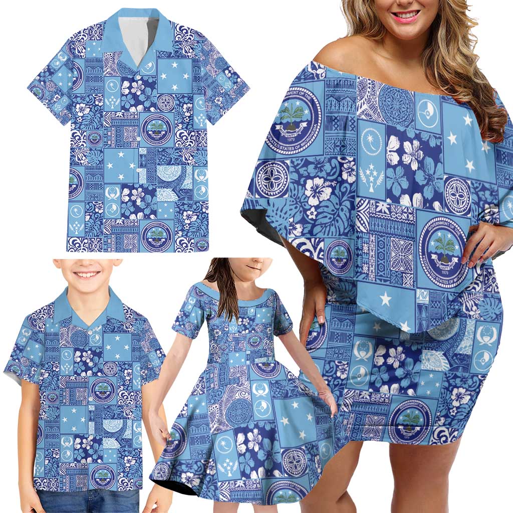 Federated States of Micronesia Merry Christmas Family Matching Off Shoulder Short Dress and Hawaiian Shirt Pacific Patchwork Xmas Vibes - Polynesian Pride