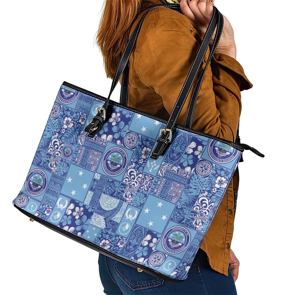 Federated States of Micronesia Merry Christmas Leather Tote Bag Pacific Patchwork Xmas Vibes - Polynesian Pride