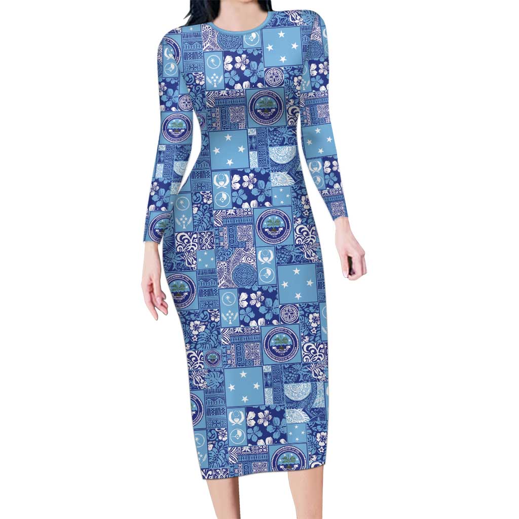 Federated States of Micronesia Merry Christmas Long Sleeve Bodycon Dress Pacific Patchwork Xmas Vibes - Polynesian Pride