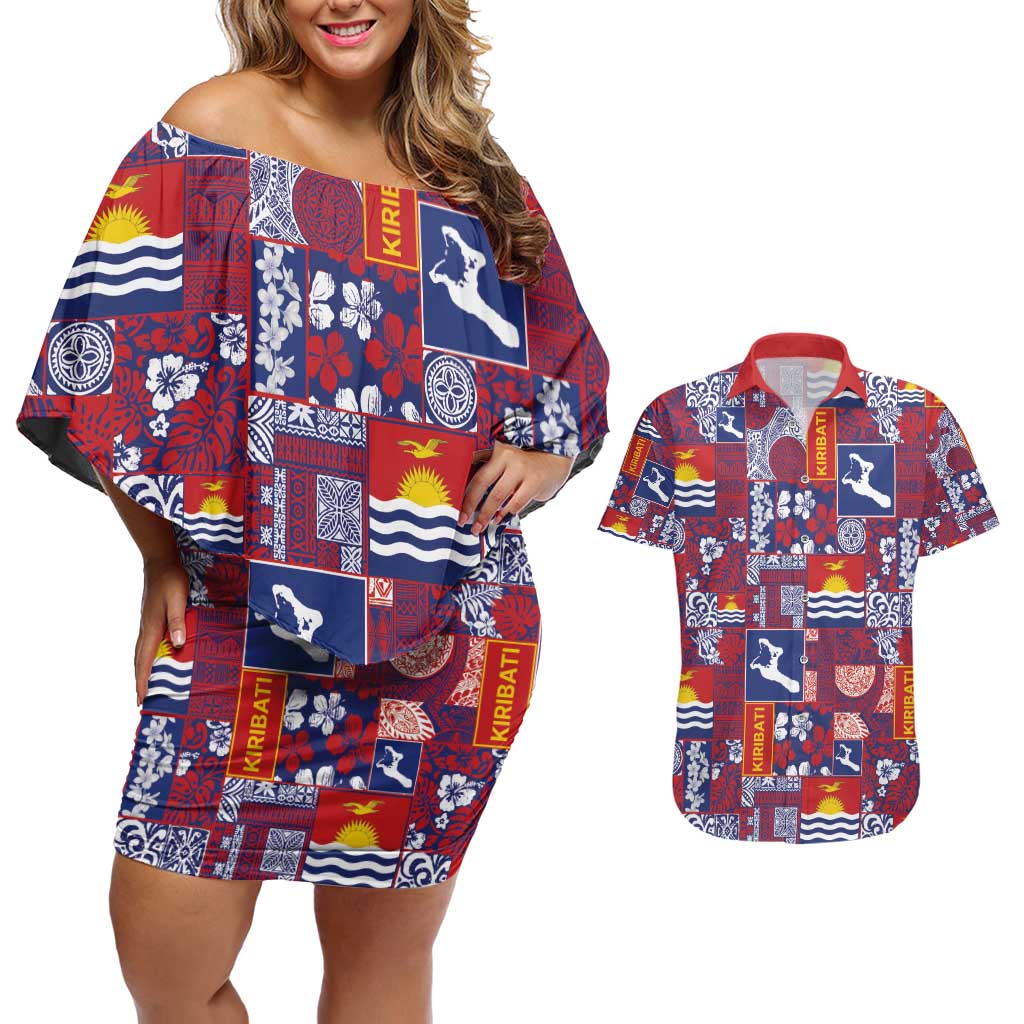 Kiribati Tekeraoi n te Kiritimati Couples Matching Off Shoulder Short Dress and Hawaiian Shirt Pacific Patchwork Xmas Vibes - Polynesian Pride
